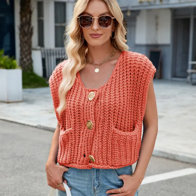 Women's V neck Three button Sleeveless Cardigan Dark Orange - Shop at LoveMi