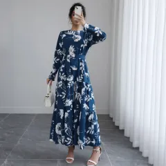 Blue Long-sleeved Round-neck Waist-tied Slim-fit Printed Midi Dress - Blue - View 1