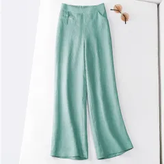 New Half Elastic High Belt Buckle Slimming Casual Cotton Linen Wide Leg Pants - Light Green - View 1