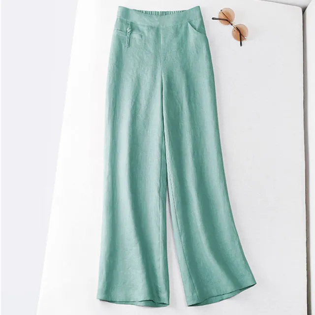 New Half Elastic High Belt Buckle Slimming Casual Cotton Linen Wide Leg Pants Light Green - Shop at LoveMi