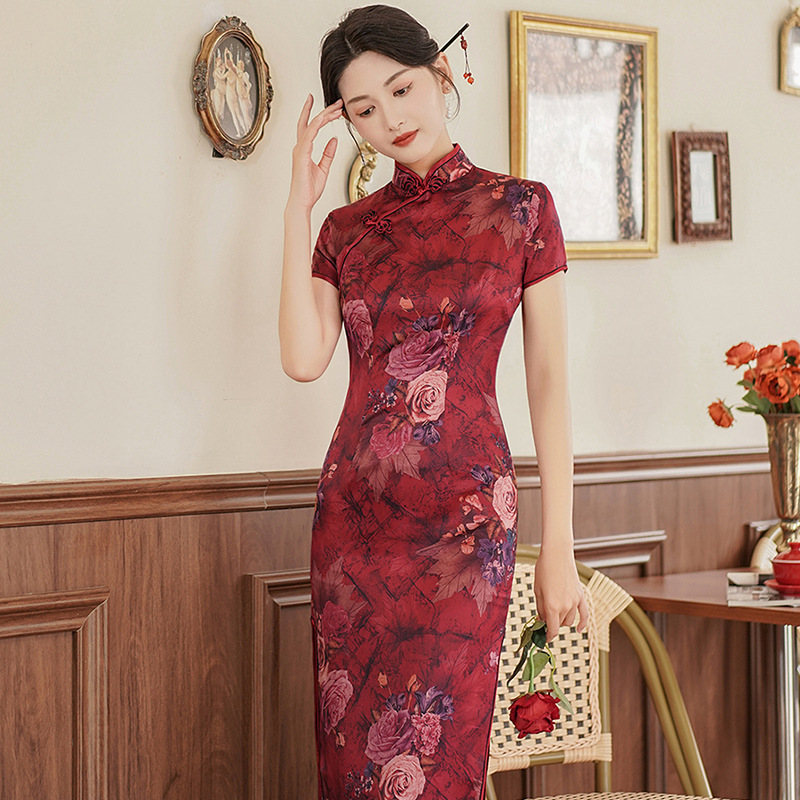 Spring And Summer Cheongsam Long Women's Silk Dress