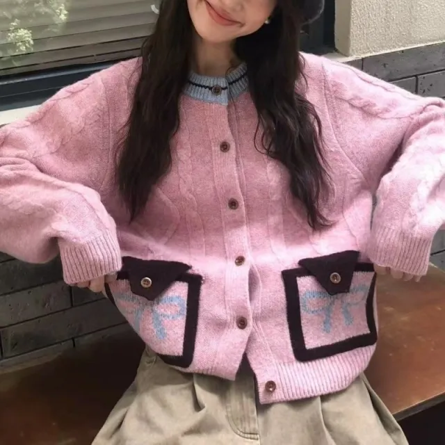 Contrast Color And Versatile Bow Pocket Sweater Pink - Shop at LoveMi