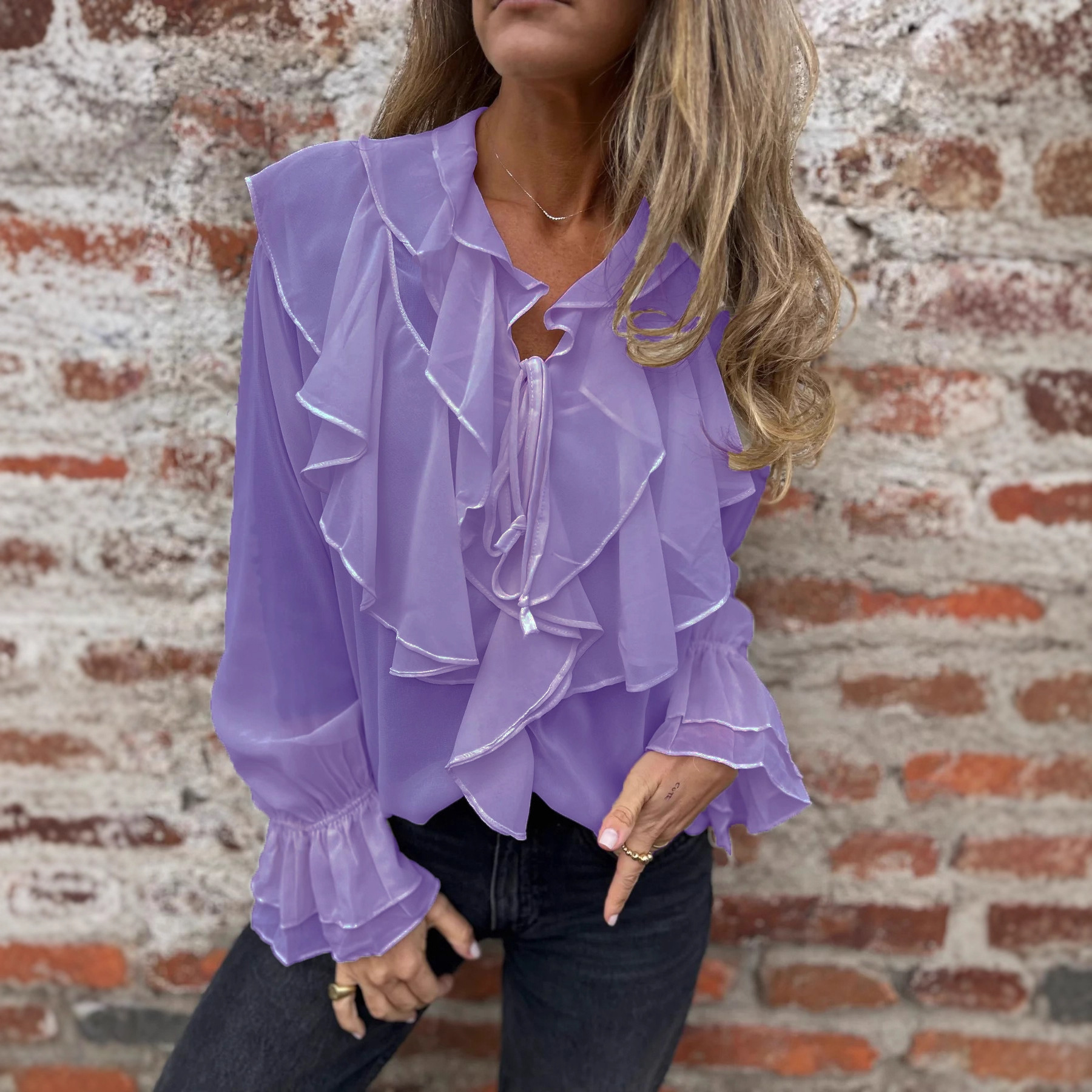Ruffled Flared-sleeve Chiffon Blouse Top