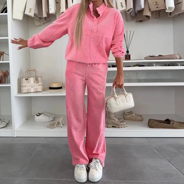 Solid Color Long Sleeve Button up Top Pocket Set Pink - Shop at LoveMi