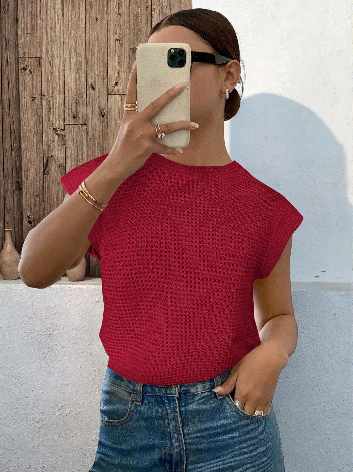 Womens Casual Crew-Neck Sleeveless Hollow-Out T-Shirt