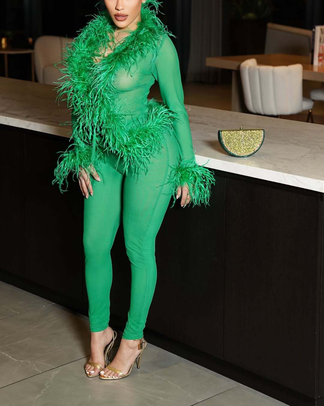 Fur Collar Trendy Lace Up Top Tight Stretch Trousers Suit