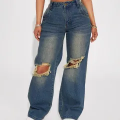 Retro Heavy-duty Washed Knee Ripped Wide-legged Jeans - Sea Blue - View 1