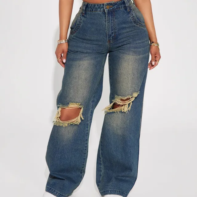 Retro Heavy duty Washed Knee Ripped Wide legged Jeans Sea Blue - Shop at LoveMi