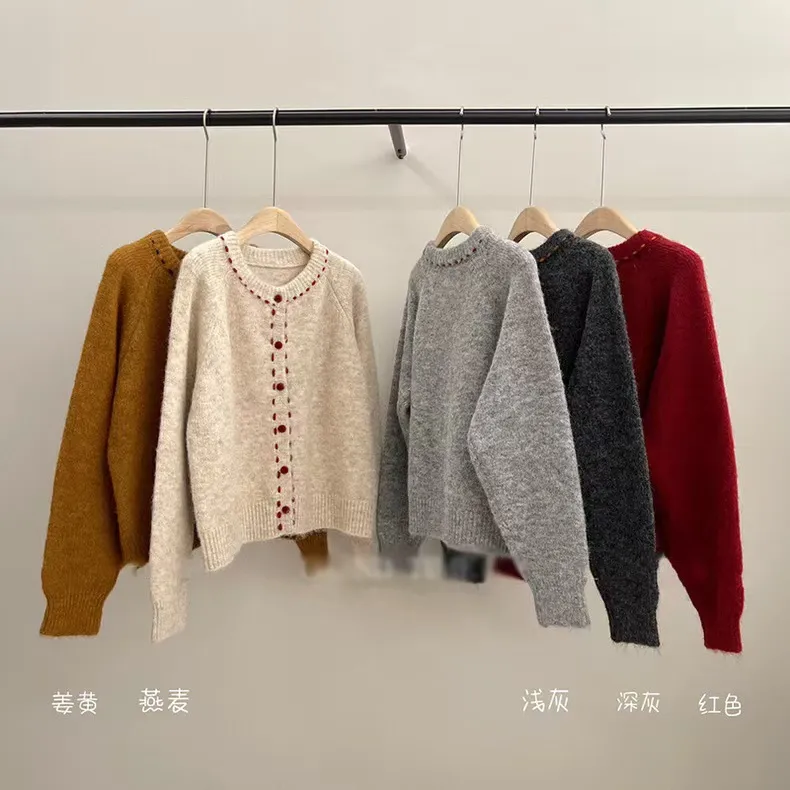 New Retro Soft Glutinous Handmade Stitching Round Neck Sweater Coat For Women - Dark Red