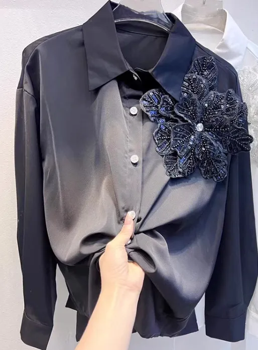 Women's Three dimensional Flower Long sleeved Shirt Black - Shop at LoveMi