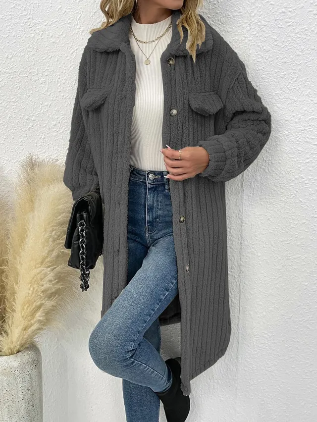 Women's Plush Lapel Long sleeved Woolen Coat Top Dark Gray - Shop at LoveMi