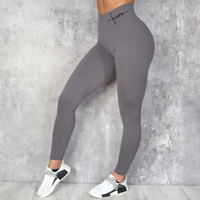 Waist Letter Printed Leggings Hip Lifting Stretch Gray With Black Letters - Shop at LoveMi