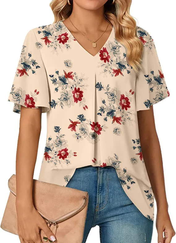 Women's V neck Flower Print Short Sleeve Apricot - Shop at LoveMi