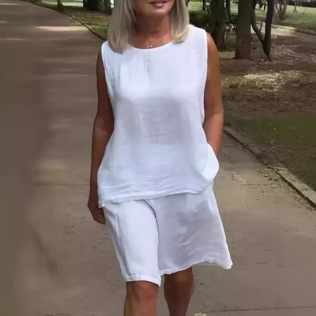 Women's Cotton-Linen Crew-Neck Sleeveless Casual Set