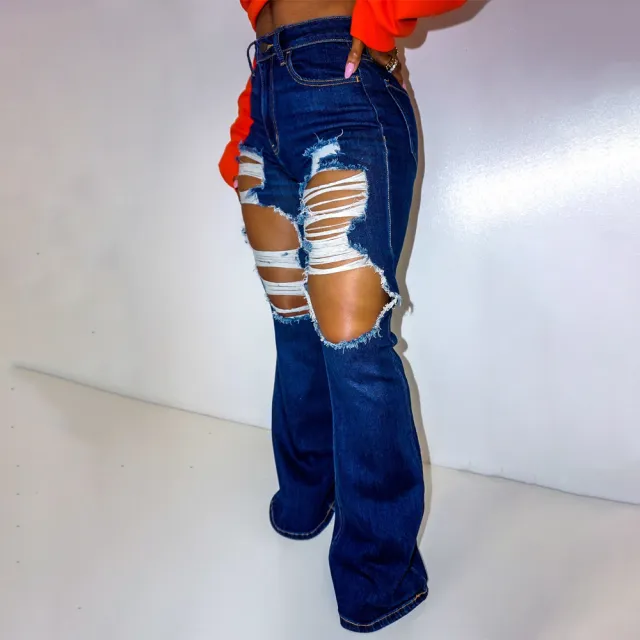 European And American Lady High Stretch Jeans Wide Leg Trousers Ripped Dark Blue - Shop at LoveMi