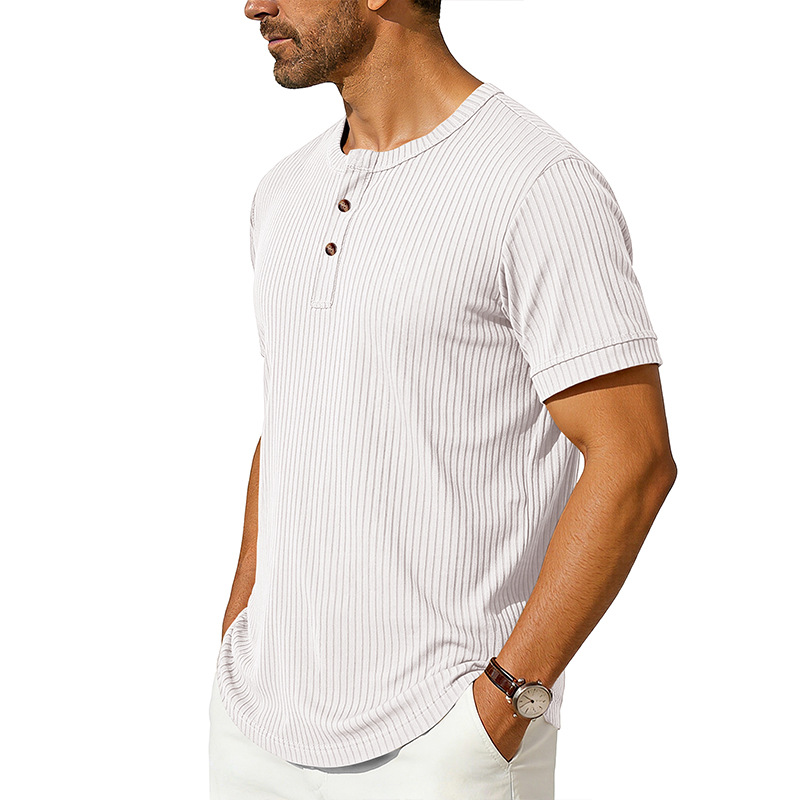 Summer New Men's Henley-Neck Ribbed T-Shirt