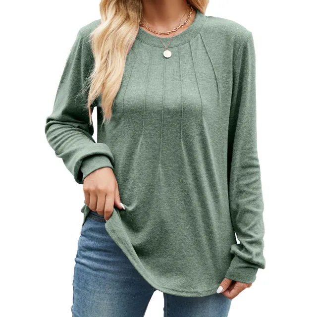 Solid color Crew neck Loose fitting Long sleeve T shirt For Women Green - Shop at LoveMi