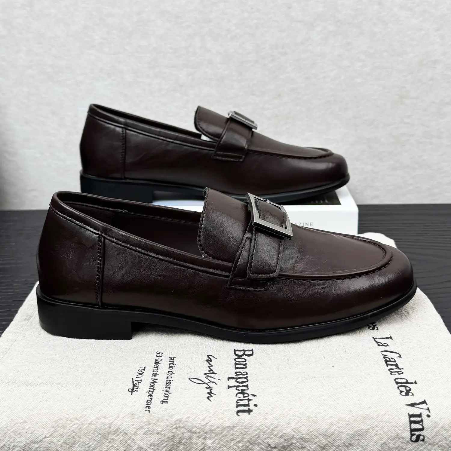 Round-toe Metal Buckle Slip-on Soft-soled Leather Shoes
