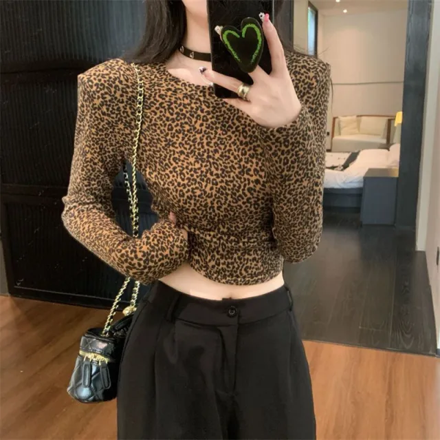French style Slimming, Chic Round neck Leopard print Top Leopard - Shop at LoveMi