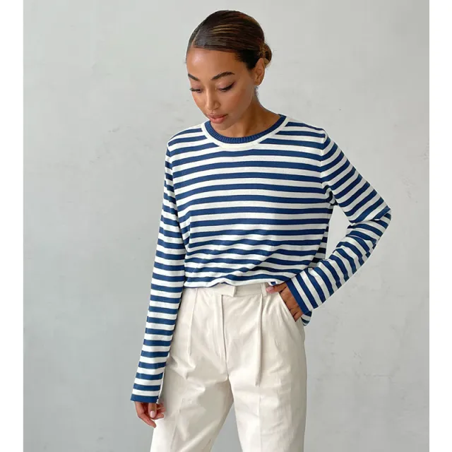 Round Neck Knitted Striped Sweater Blue Stripes - Shop at LoveMi