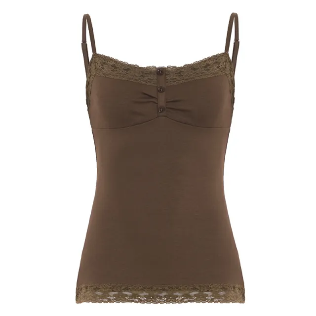Lace patchwork Buttoned Small V neck Camisole Brown - Shop at LoveMi