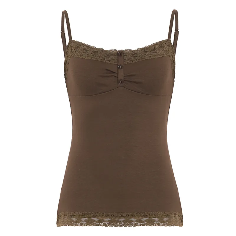 Lace-patchwork Buttoned Small V-neck Camisole - Brown