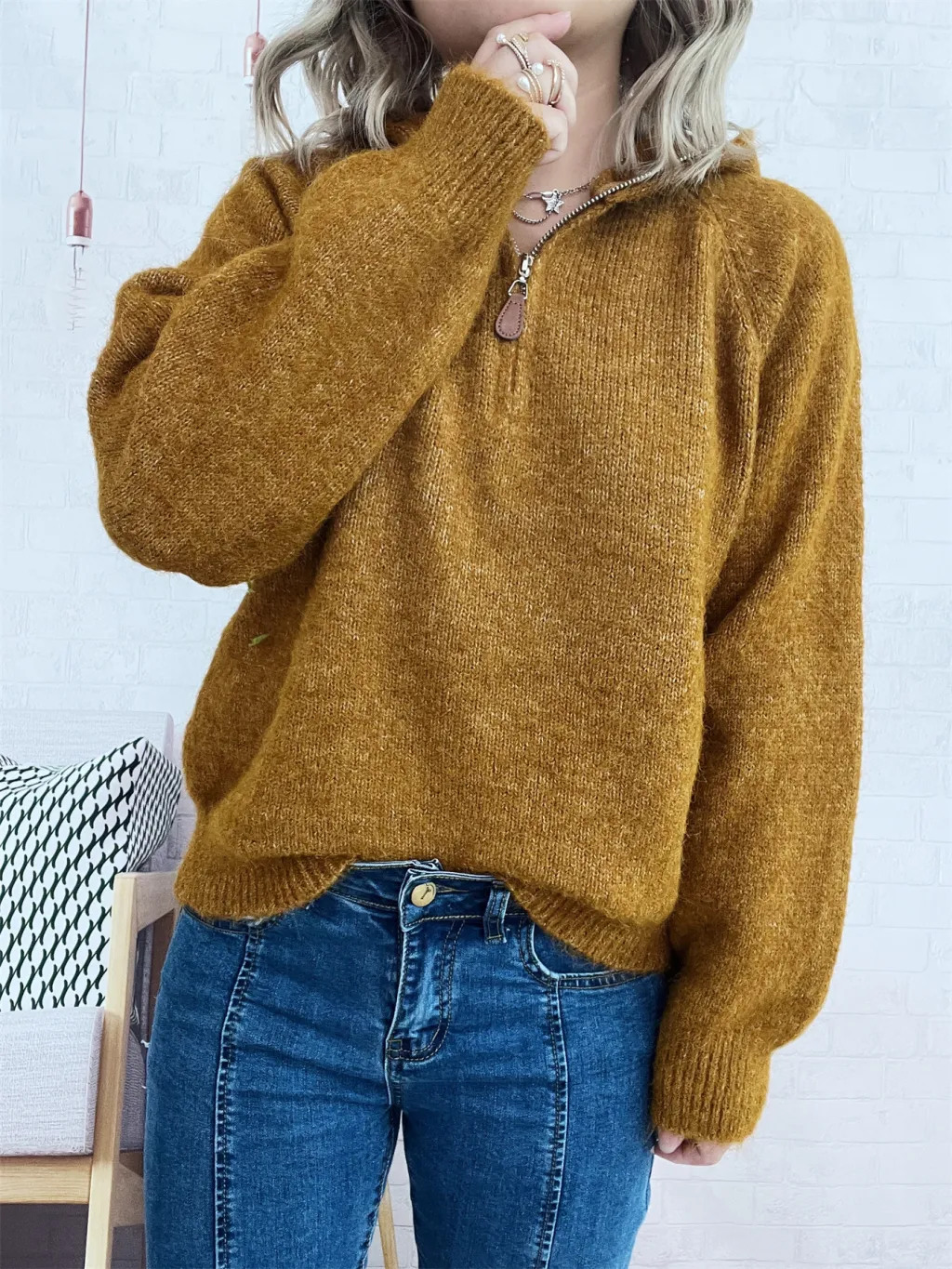 Solid Color Casual Hooded Knitted Sweater For Women - Khaki
