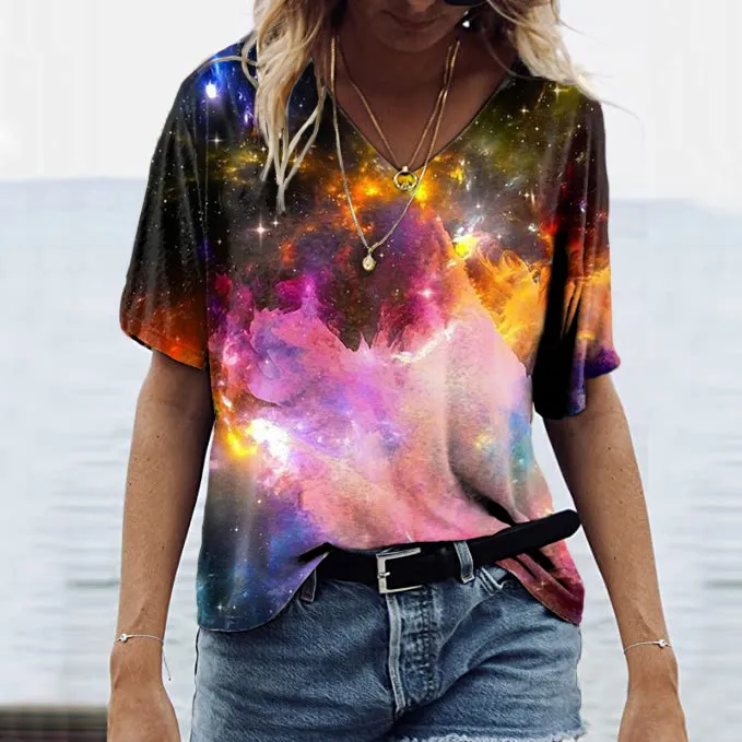Europe And America Cross Border 3D Printed T-shirt Loose V-neck Pullover Short Sleeve Top For Women - Jl22081516-5Xl