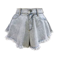 High Waist Loose-fitting Tassel Denim Shorts For Women - Blue - View 1