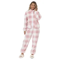 European And American Flannel Pink And White Plaids Ladies' Homewear Warm Suit - Pink And White Plaids - View 1