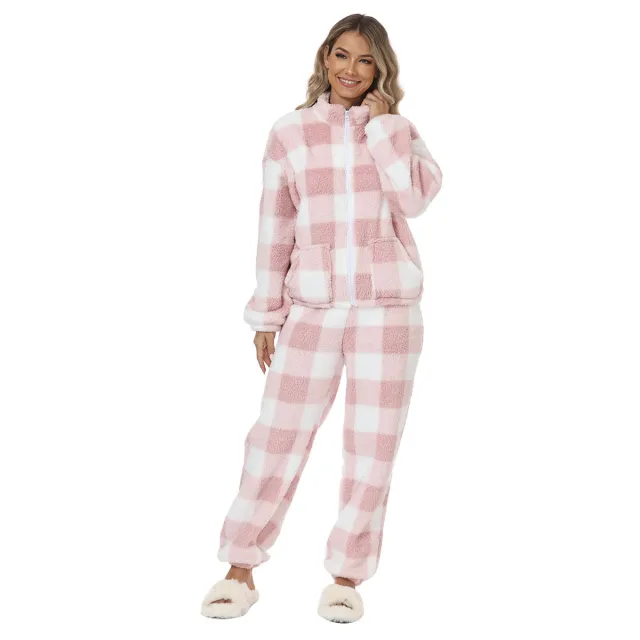 European And American Flannel Pink And White Plaids Ladies' Homewear Warm Suit Pink And White Plaids - Shop at LoveMi
