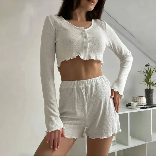 Pajamas Long Sleeve Shorts Suit For Women White - Shop at LoveMi