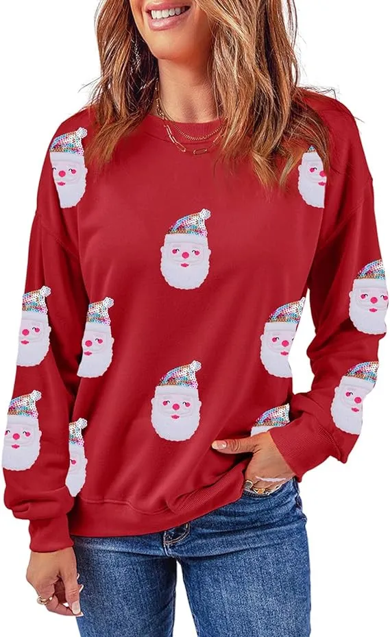 Santa Claus Sequins Festival Casual Long Sleeve Sweatshirt Red Little Santa Claus Head - Shop at LoveMi