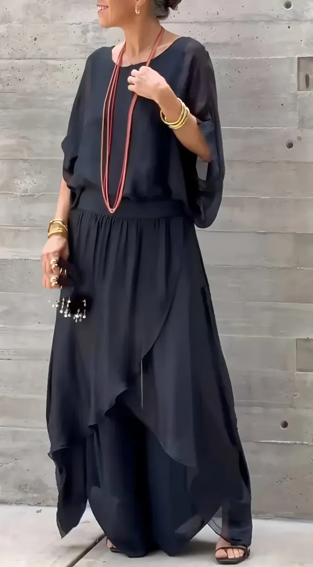 Top Split Wide Leg Pants Chiffon Casual Suit Black - Shop at LoveMi