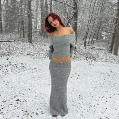 Fashionable Off-shoulder Super Long Sleeve Loose All-match Women - Gray Suit W23S40691 - View 1