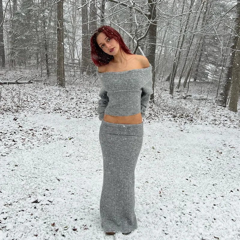 Fashionable Off-shoulder Super Long Sleeve Loose All-match Women - Gray Suit W23S40691