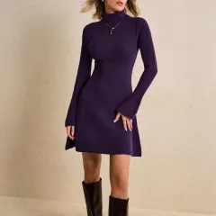 Women's High Neck Flared Sleeve Knit Sweater Dress Elegant Solid Colour Long Sleeve - Purple - View 1