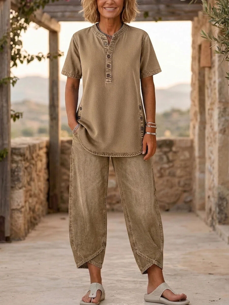 Women's lapel collar co-ord set in Khaki – three-quarter sleeve button-up top and pants, back view