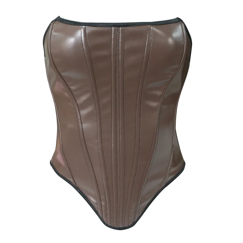 Leather Shaping Chest-wrapped Off-shoulder Vest - Brown