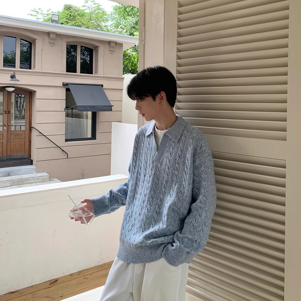 Mens Retro Herringbone Textured Lapel Pullover Sweater