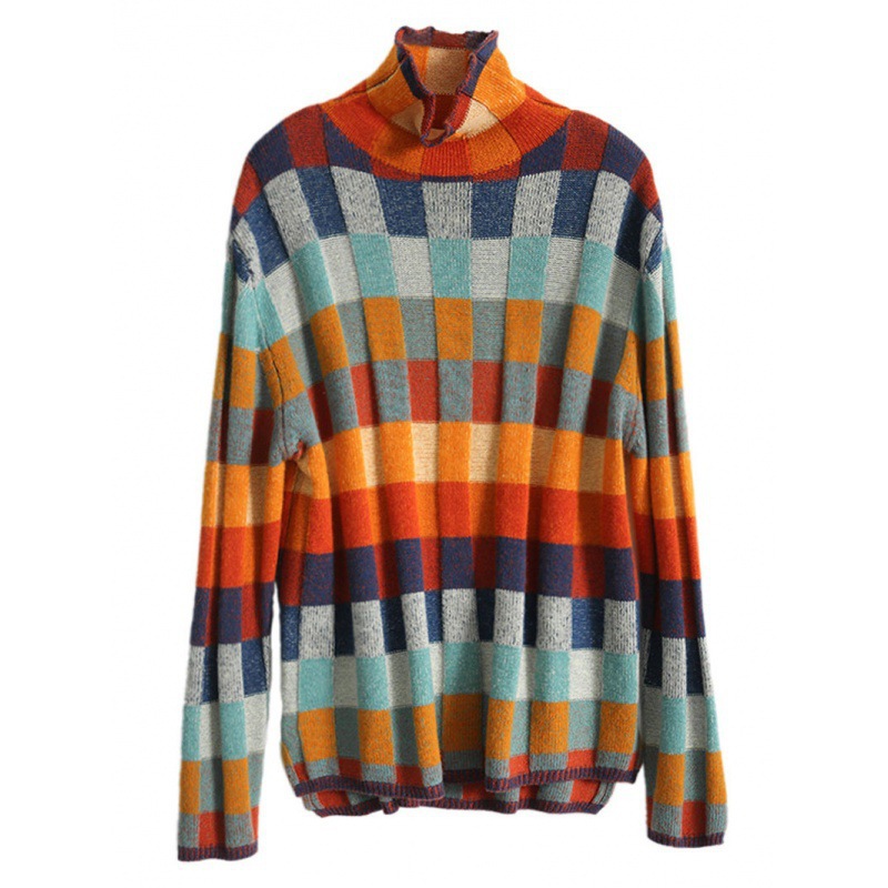 Gorgeous Colorful Chessboard Plaid Sweater Turtleneck Comfortable Picture Color - Shop at LoveMi