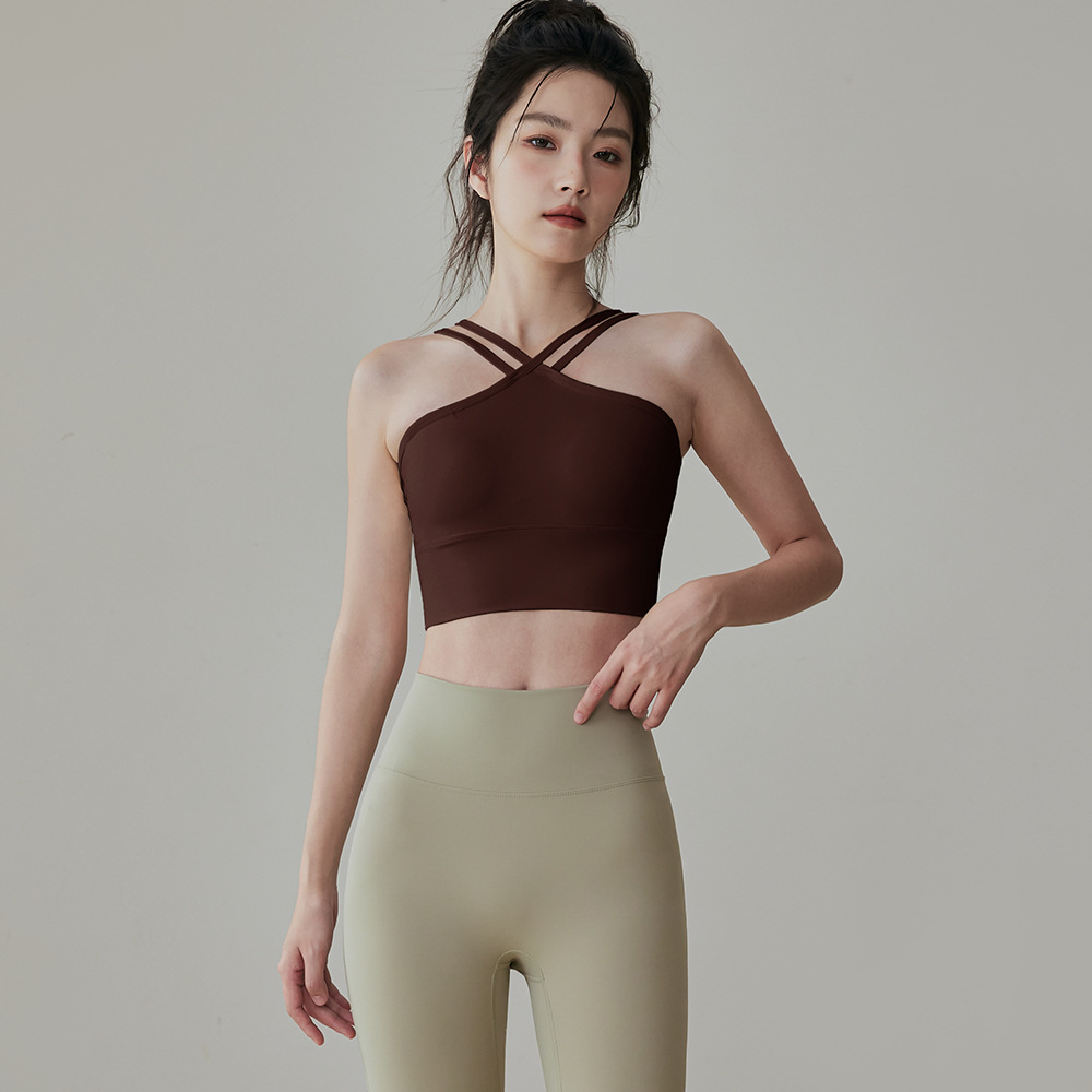 One piece Yoga Underwear Women's Double Shoulder Strap Shockproof Sports Vest Chestnut Color Xxl - Shop at LoveMi