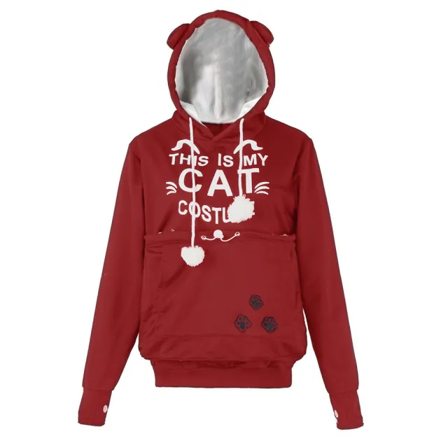 Autumn And Winter Letter Cat Face Printed Coat Alien Cat Kangaroo Long Sleeve Hooded Sweater Women Letter Wine Red - Shop at LoveMi