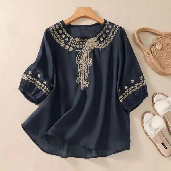 Spring And Summer Loose Artistic Vintage Cotton And Linen Embroidered Shirt Black - Shop at LoveMi