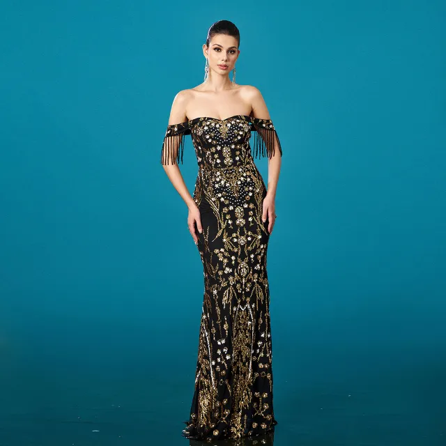 Off neck Tassel Sequined Fishtail Evening Dress For Banquet Black Gold - Shop at LoveMi