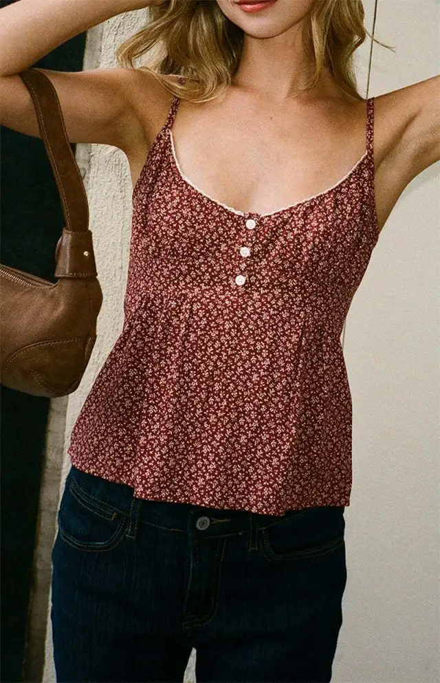 Vintage Rose Floral Multi color Three button Sling Top Red - Shop at LoveMi