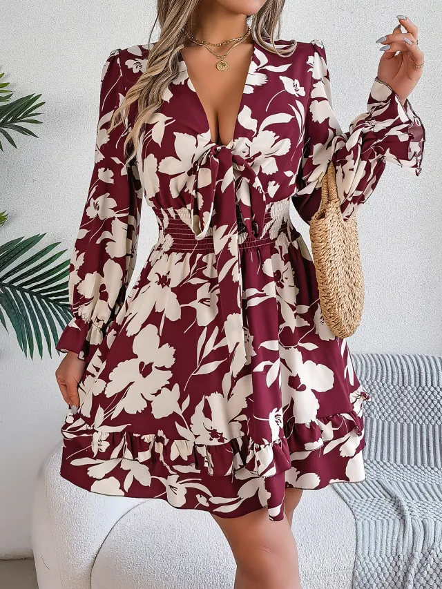 Women's Casual Flower Half Sleeve Ruffled A line Dress Wine Red - Shop at LoveMi