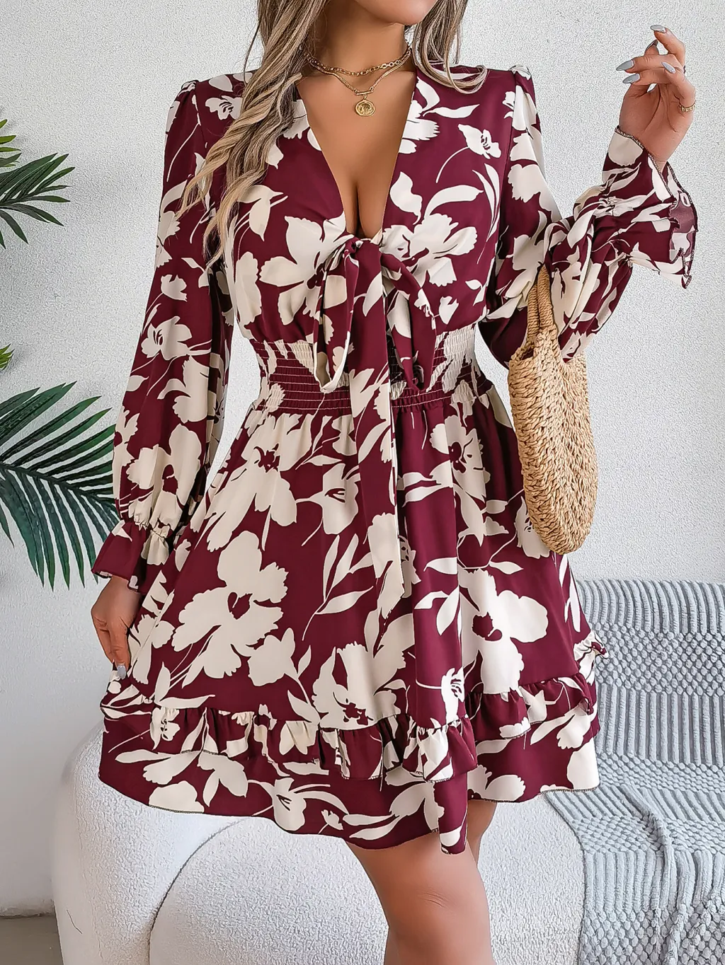 Women's Casual Flower Half Sleeve Ruffled A-line Dress - Wine Red