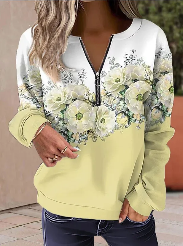 Women's Printed V neck Long Sleeve Pullover Loose Sweater Yellow - Shop at LoveMi