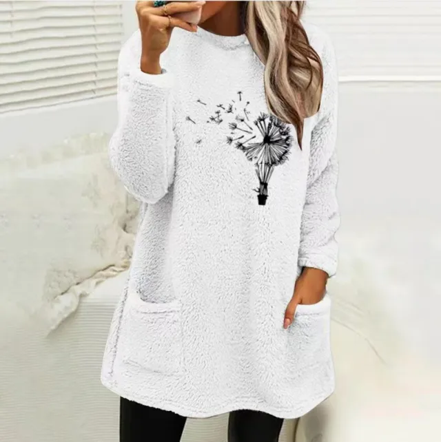 Women's Round Neck Loose Long Sleeves Pocket Plant Embossed Double sided Velvet Sweatshirt White - Shop at LoveMi
